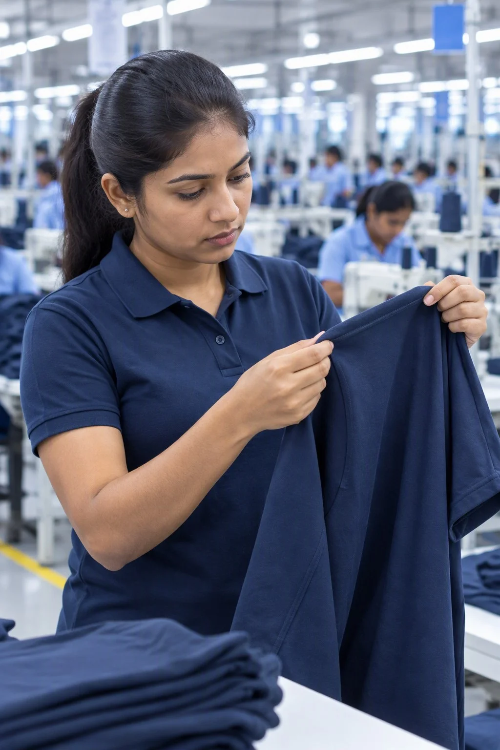 CGTQS quality inspector examining a garment